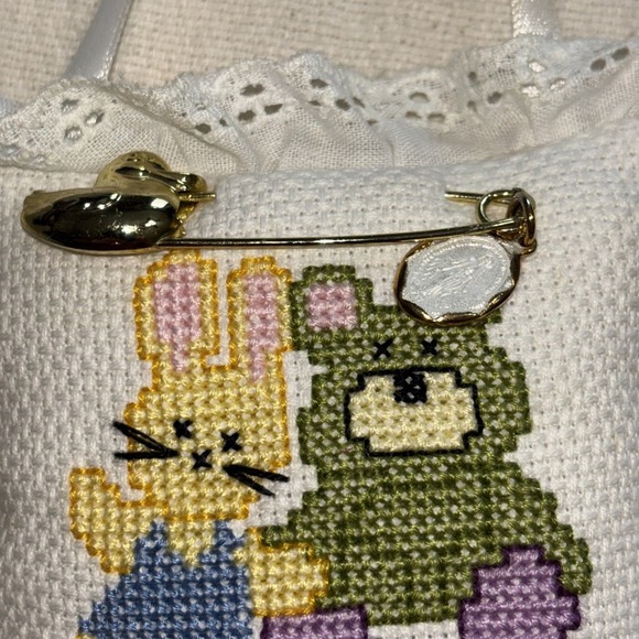Handmade cross-stitch Pin‎ cushion Bear & Bunny "ouch" Cottagecore 4"x4" - Picture 2 of 7